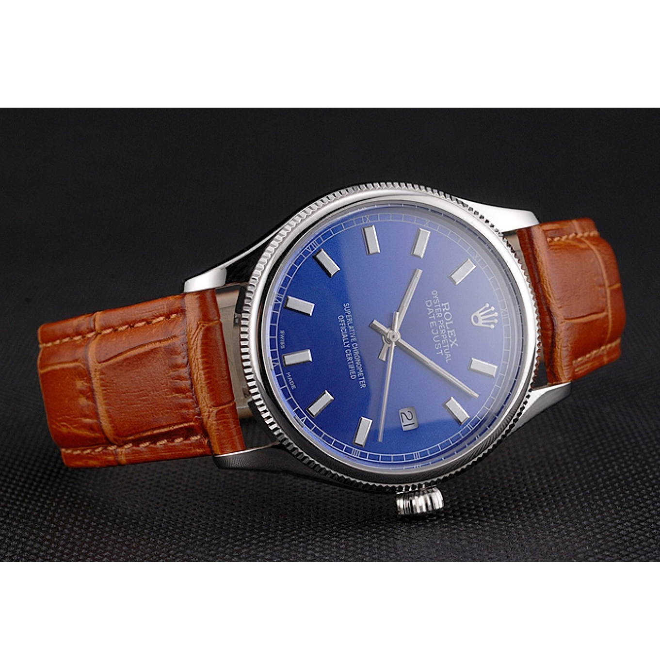 Aaa replica Case Blue Light Strap Datejust Swiss Dial Rolex Brown Leather Steel Stainless 0814